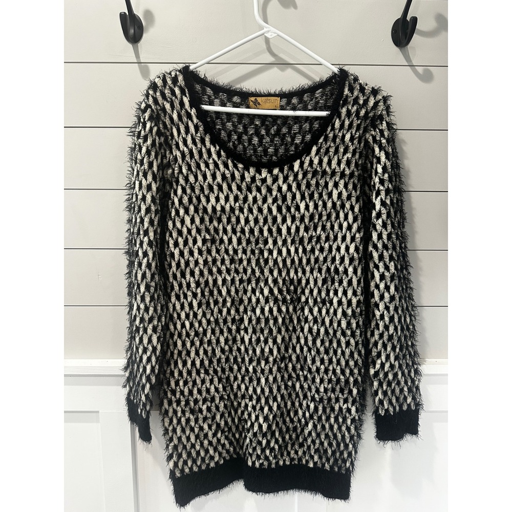 Katsumi Womens Black White Eyelash Fuzzy Geometric Knit Scoop Neck Sweater L